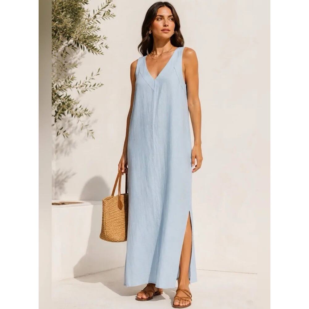 DKNY Boutique Solid V-Neck Sleeveless Maxi Dress Lightweight Side Slit Size XL - Picture 2 of 8